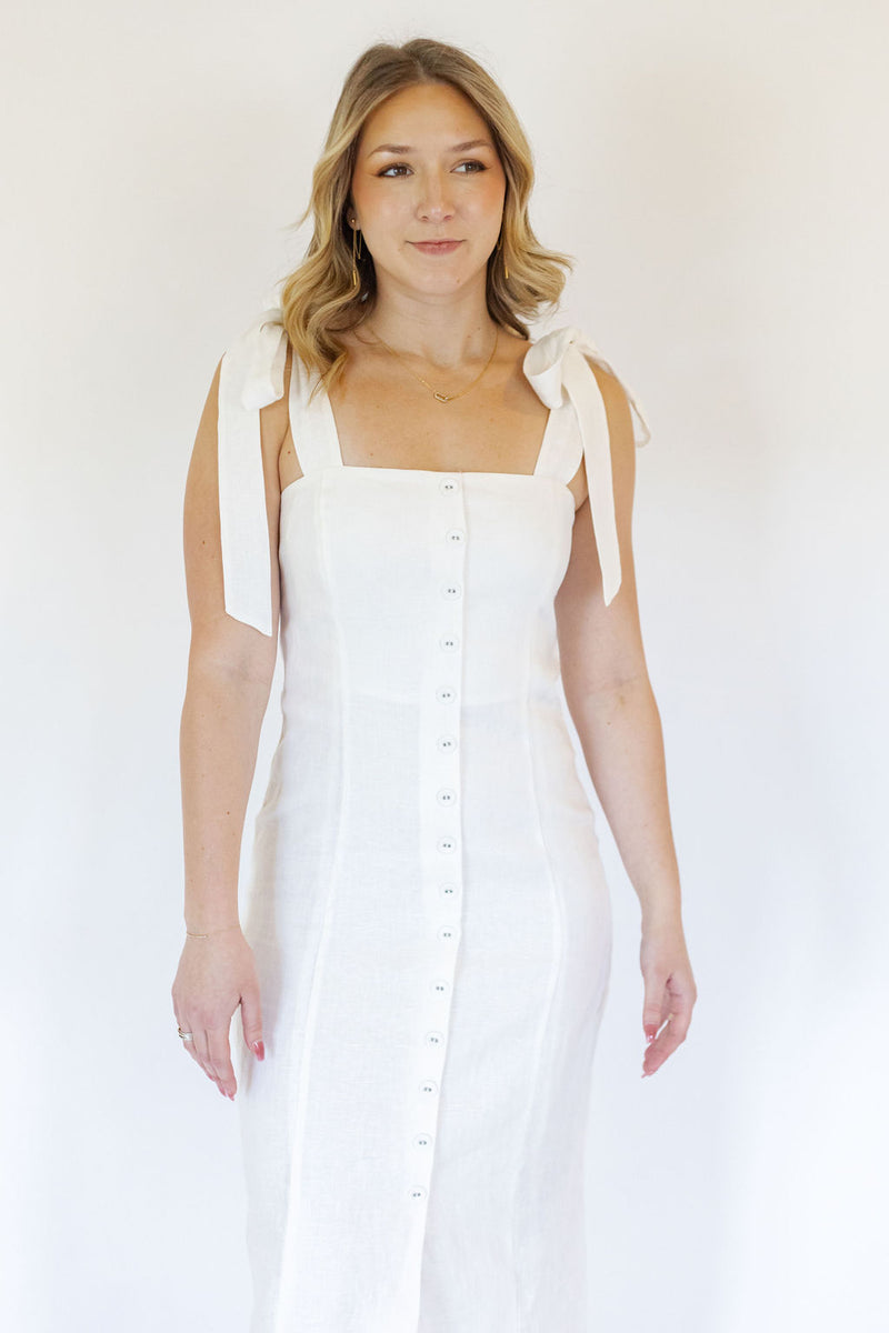 Carmen White Linen Buttoned Midi Dress