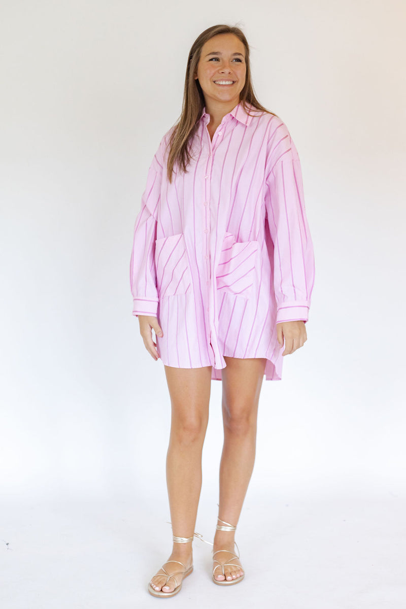 Gemma Pink Striped Shirt Dress