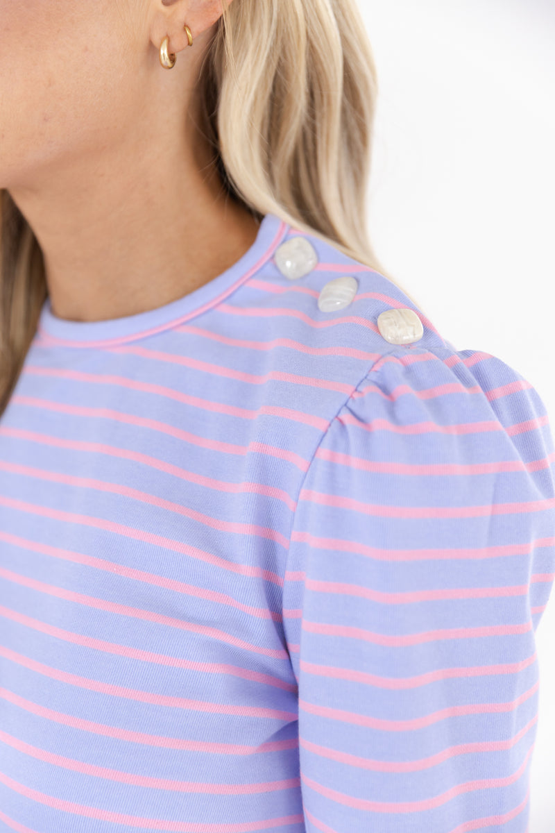 Lavender and Pink Striped Breton Puff Sleeve Tee