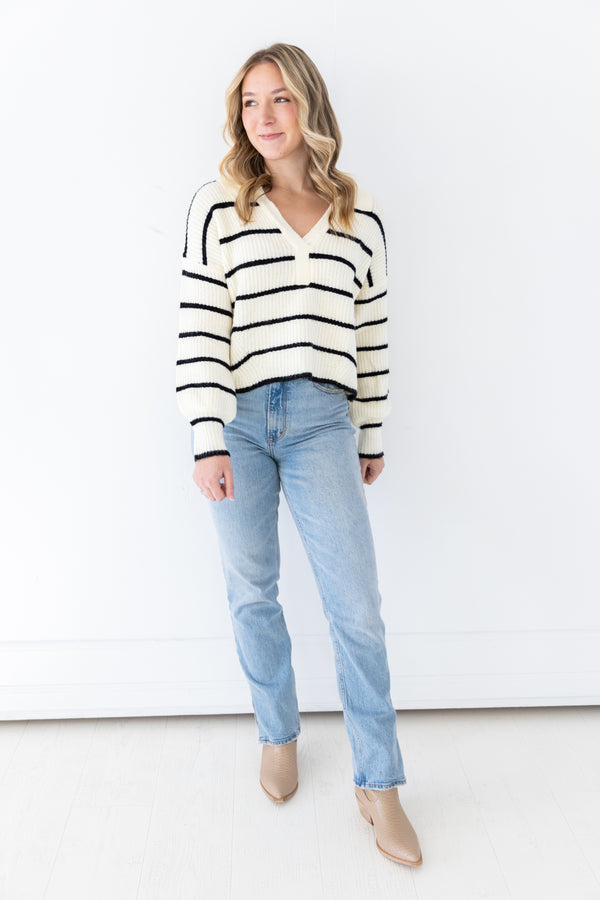 Hallie Relaxed Striped V Neck Collared Sweater
