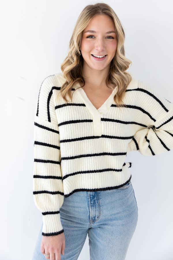 Hallie Relaxed Striped V Neck Collared Sweater