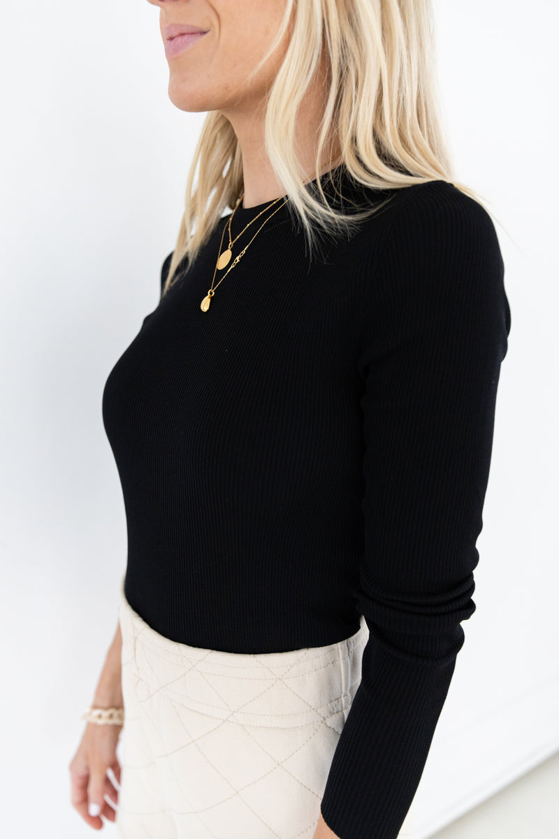 Becky Black Ribbed Long Sleeve Fitted Top