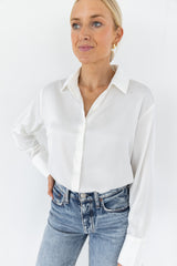 Myla Off White Relaxed Satin Button Down Shirt
