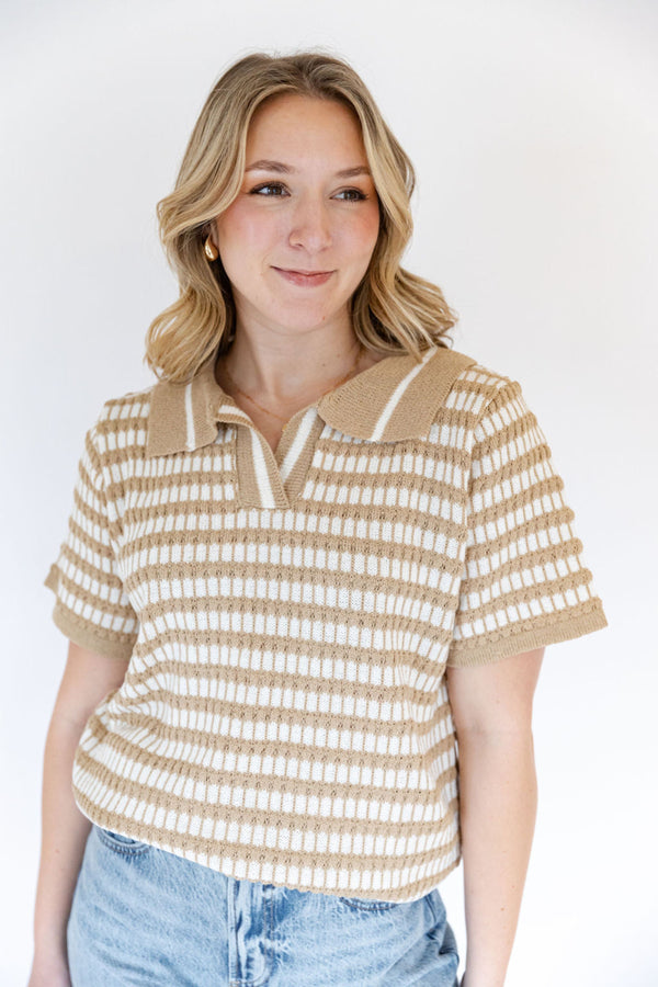 Latte Ivory Striped Collared Terry Knit