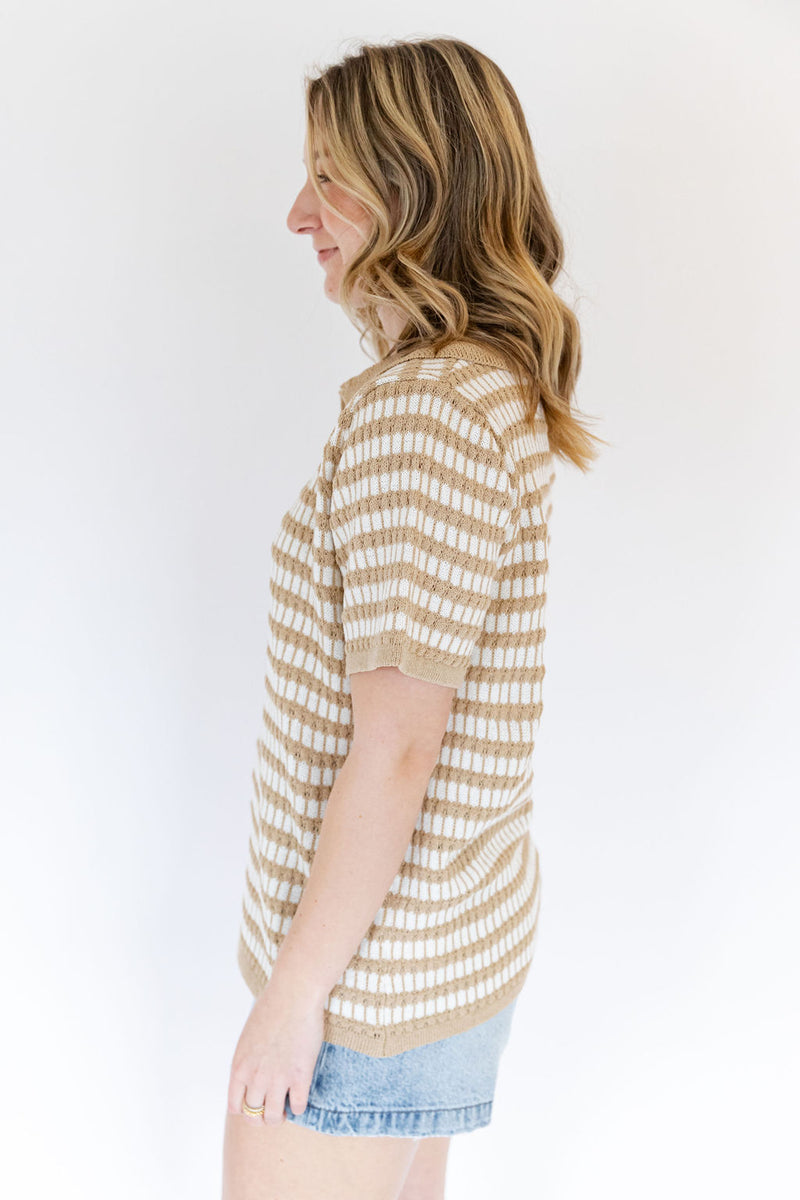 Latte Ivory Striped Collared Terry Knit