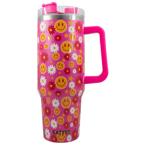 Pink Tumbler with Flowers and Smileys