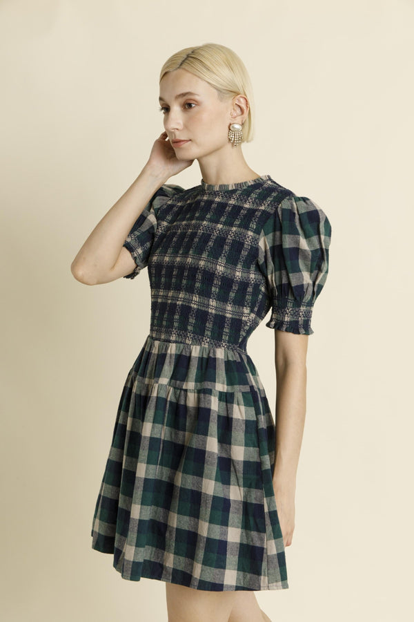 Navy and Green Plaid Smocked Mini Dress