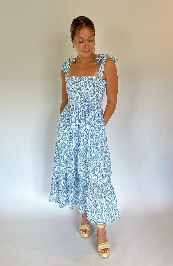 Cora Blue and White Floral Maxi Dress