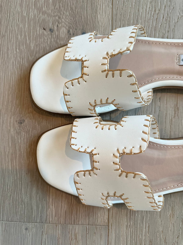White and Tan "H" Sandals