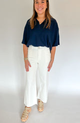 Hallie White Dye Wash Cotton Stretch Wide Leg Pants