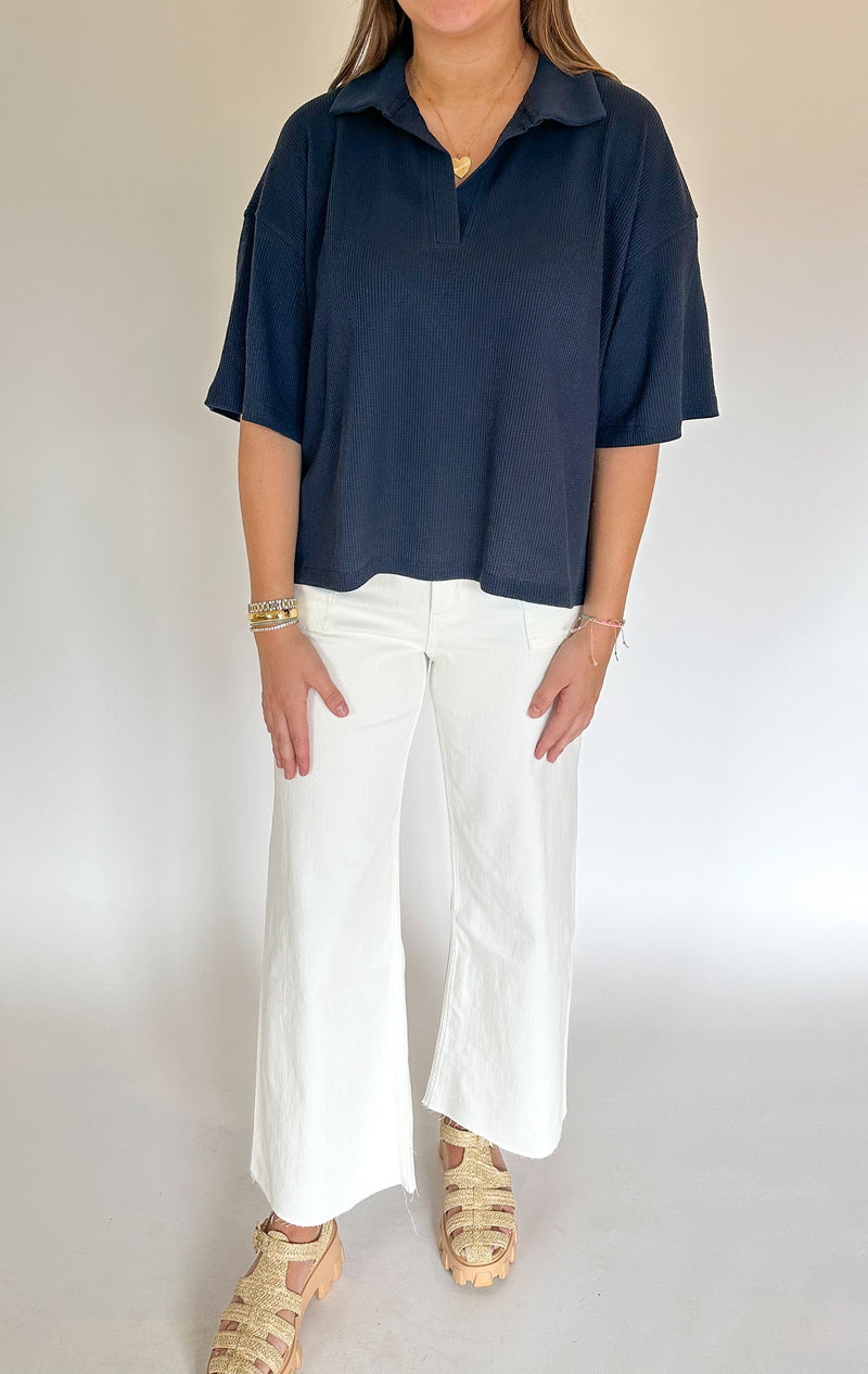 Hallie White Dye Wash Cotton Stretch Wide Leg Pants