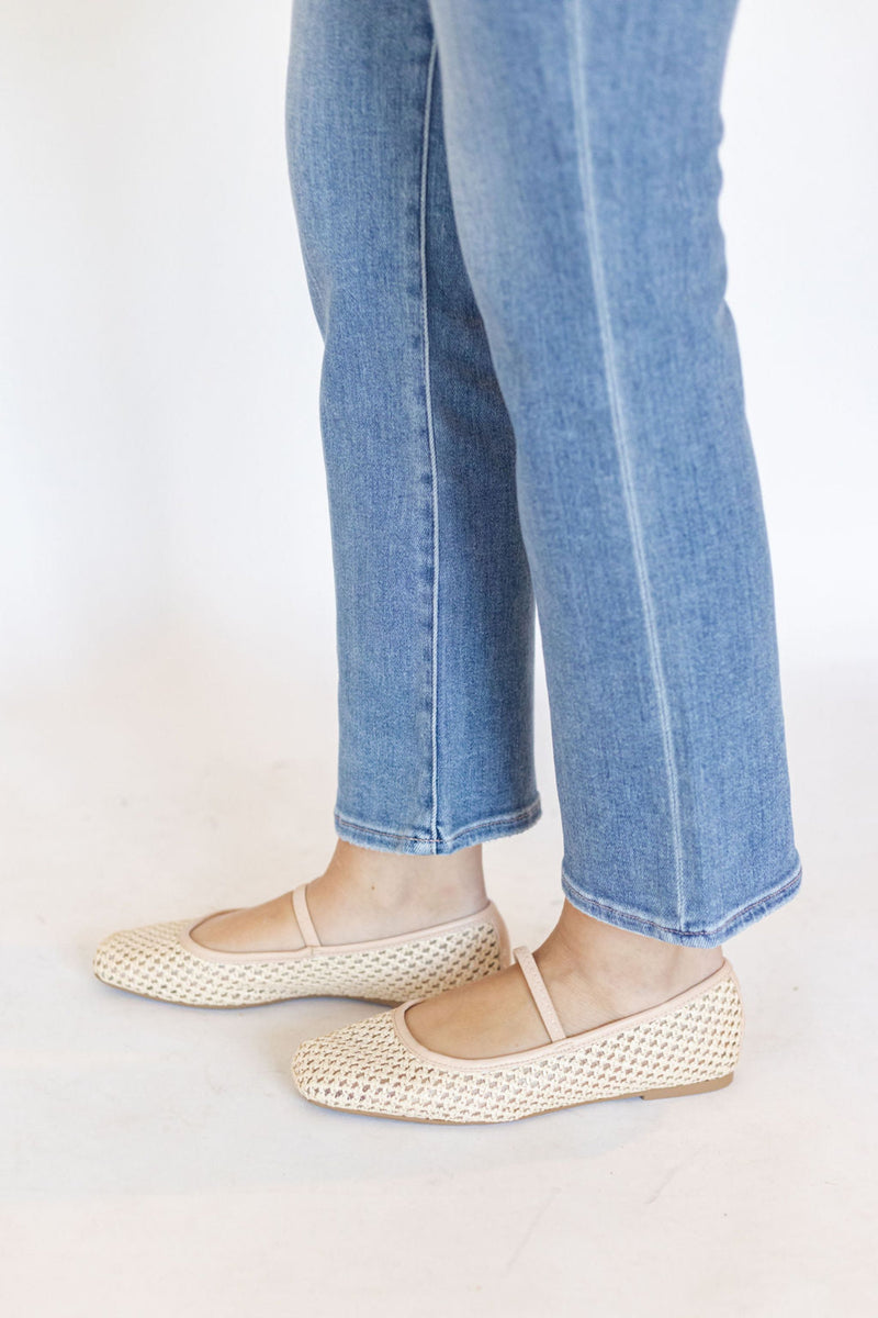 Tan Raffia Mesh Maryjane Flats