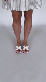 White and Tan "H" Sandals